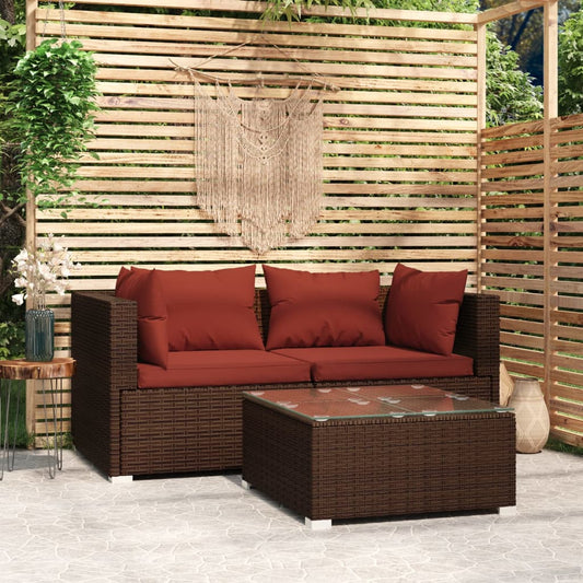 Patio Furniture Set 3 Piece with Cushions Brown Poly Rattan