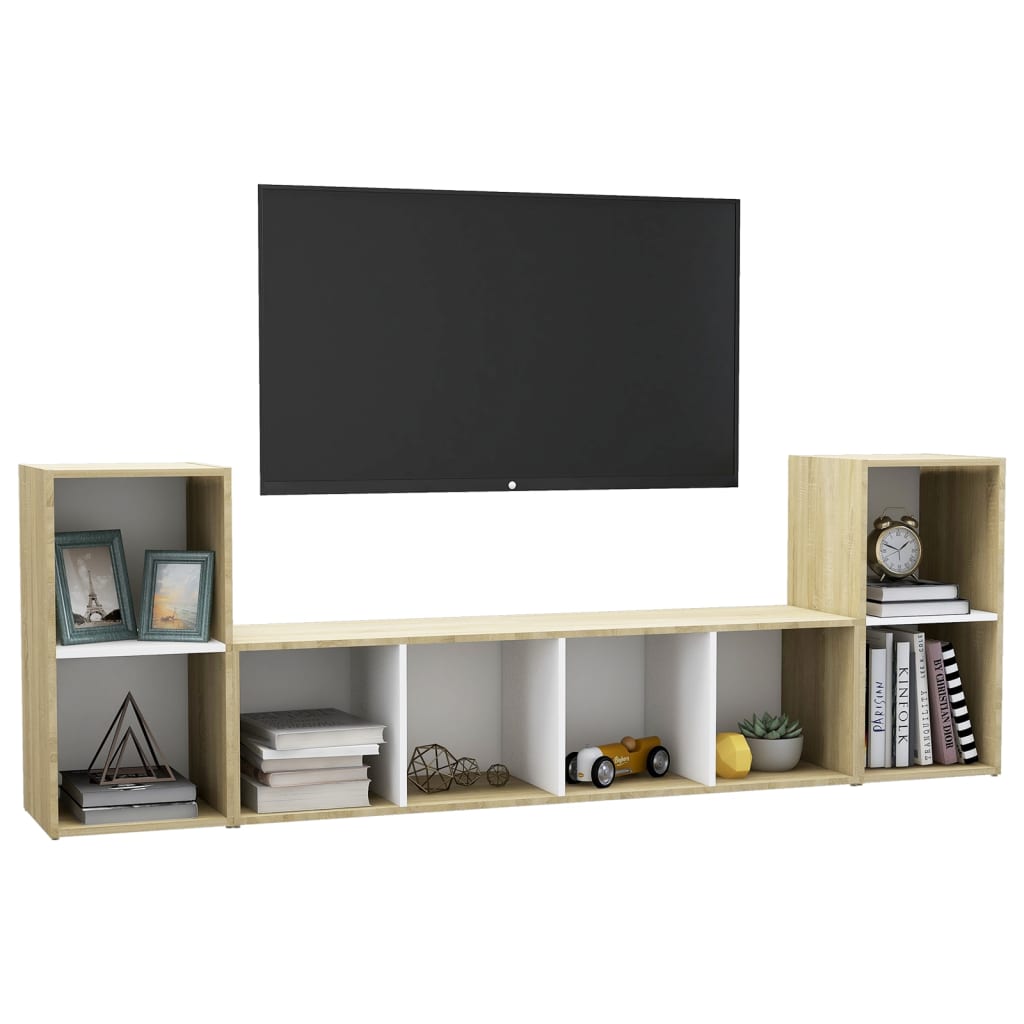 3 Piece TV Stand Set White and Sonoma Oak Engineered Wood