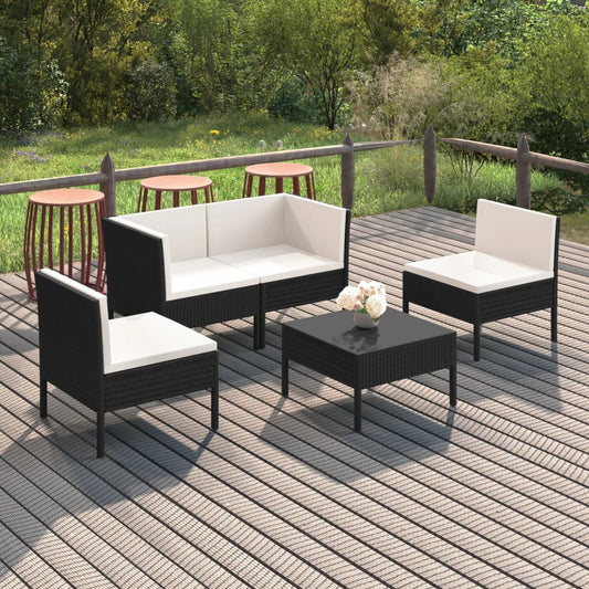 5 Piece Patio Lounge Set with Cushions Poly Rattan Black