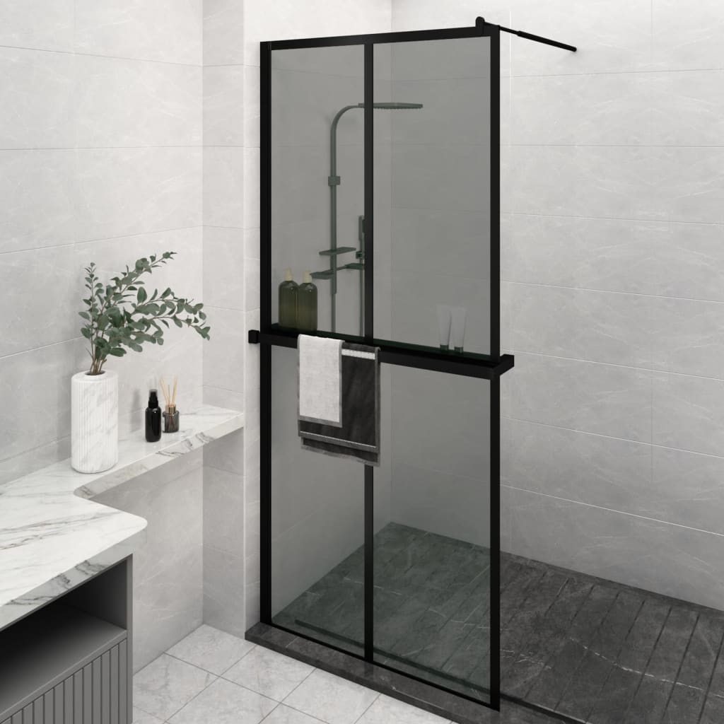 Walk-in Shower Wall with Shelf Black 39.4"x76.8" ESG Glass&Aluminum