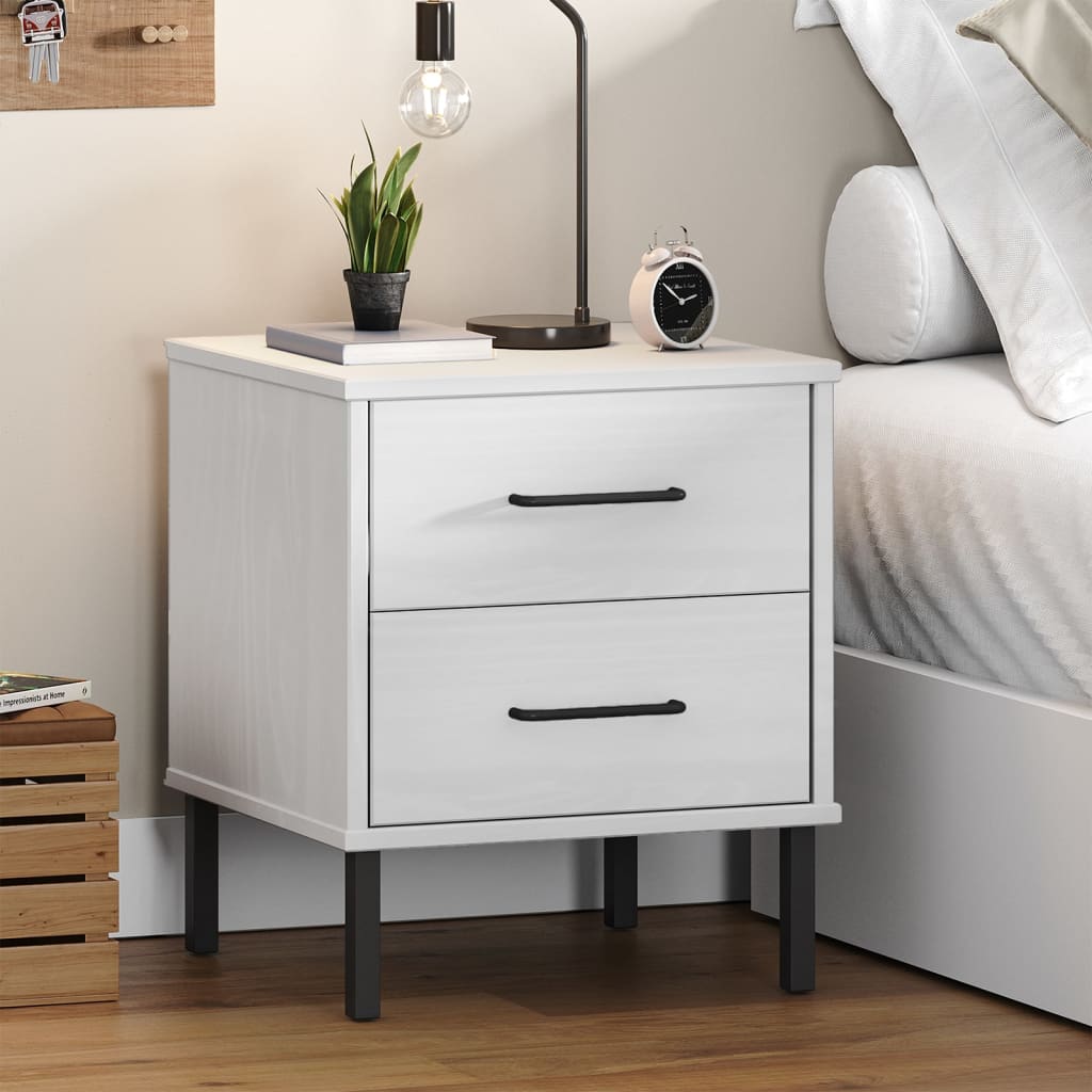 Bedside Cabinet with Metal Legs White Solid Wood Pine OSLO