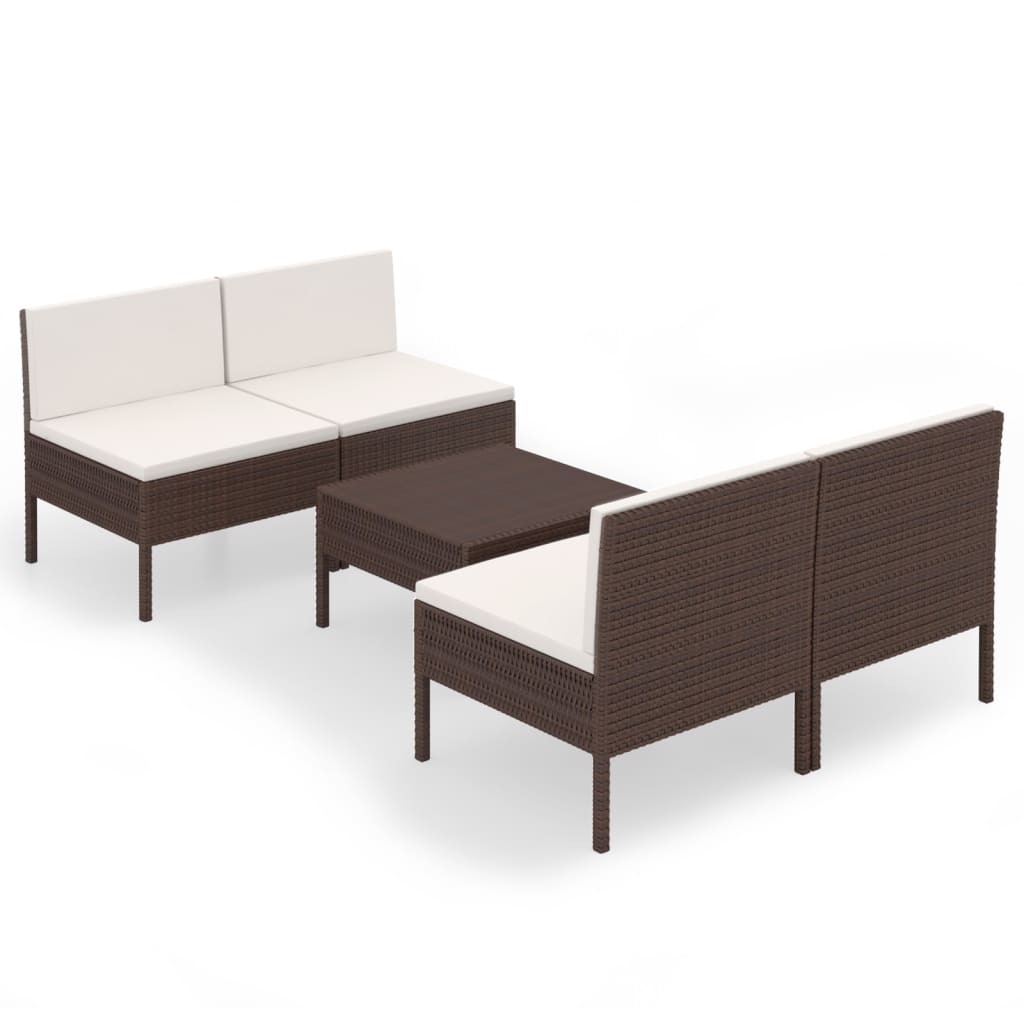 5 Piece Patio Lounge Set with Cushions Poly Rattan Brown