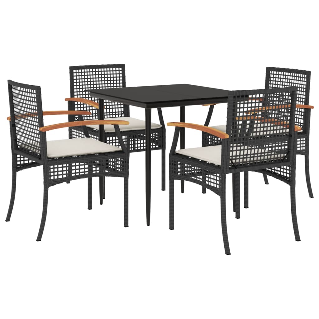 5 Piece Patio Dining Set with Cushions Black Poly Rattan