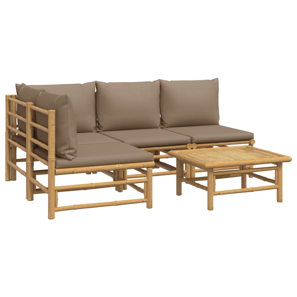 5 Piece Patio Lounge Set with Taupe Cushions Bamboo