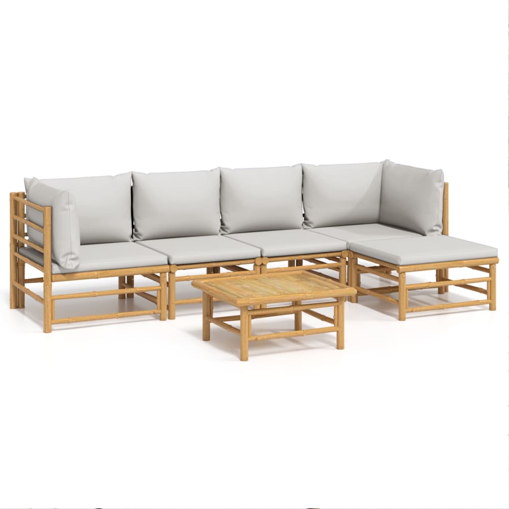 6 Piece Patio Lounge Set with Light Gray Cushions Bamboo