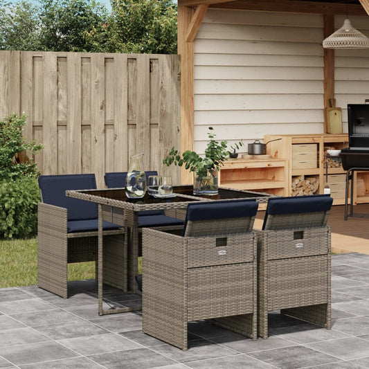 5 Piece Patio Dining Set with Cushions Gray Poly Rattan