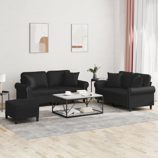 3 Piece Sofa Set with Pillows Black Faux Leather