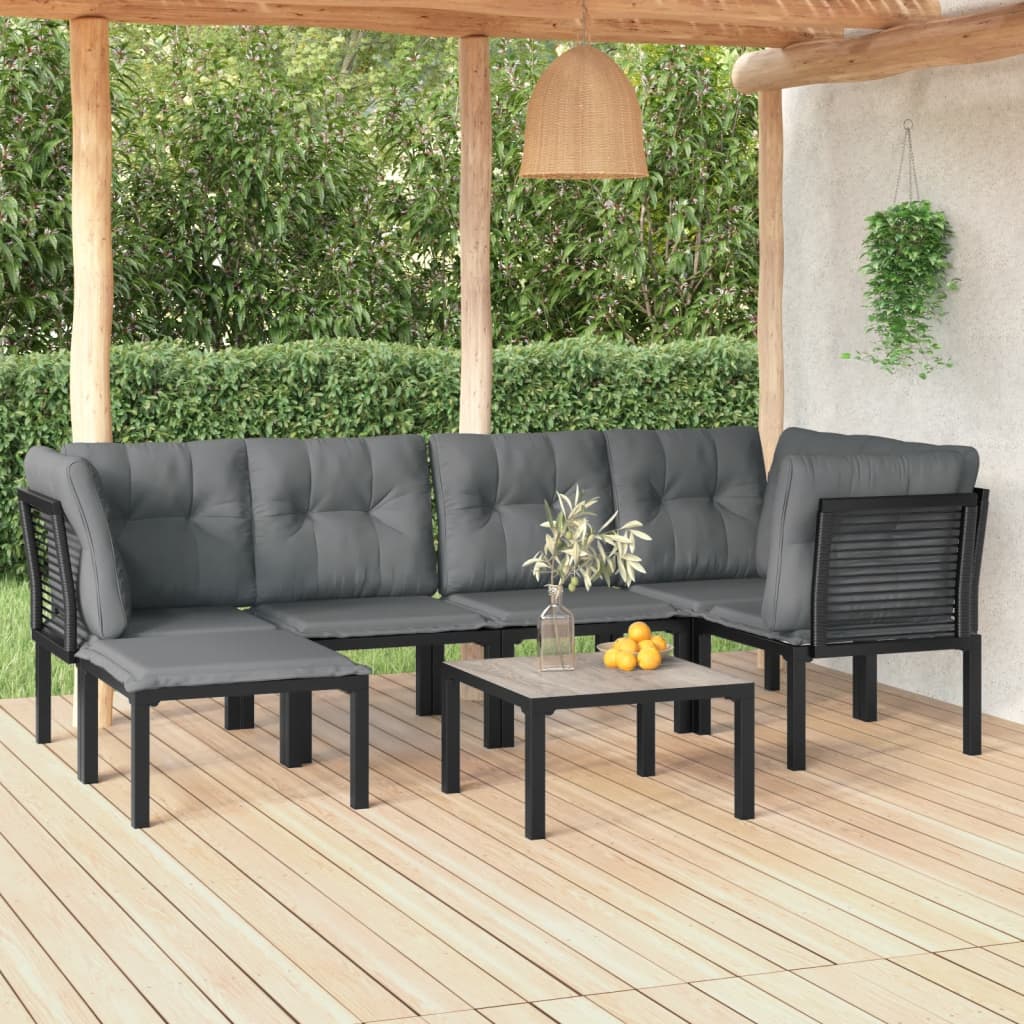 7 Piece Patio Lounge Set Black and Gray Poly Rattan