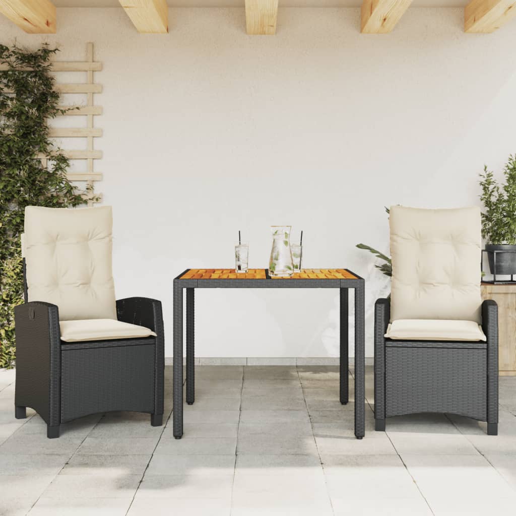 3 Piece Patio Dining Set with Cushions Black Poly Rattan