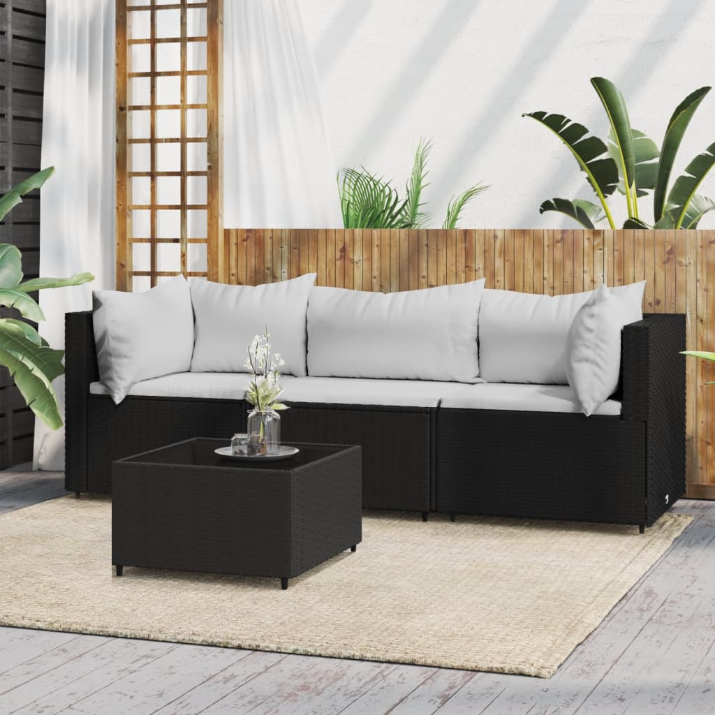 4 Piece Patio Lounge Set with Cushions Black Poly Rattan