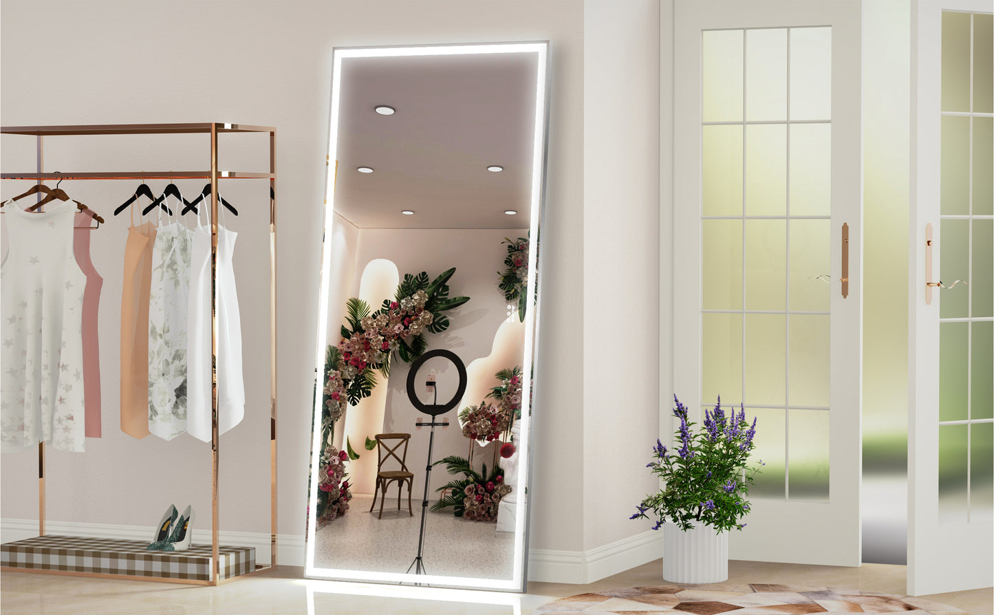 72X32 inch Oversized LED Bathroom Mirror Wall Mounted Mirror with 3 Color Modes Aluminum Frame Wall Mirror Large Full Length Mirror with Lights Lighted Full Body Mirror for Bedroom Living Room, Silver