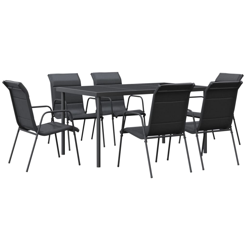 7 Piece Patio Dining Set Black Steel and Textilene