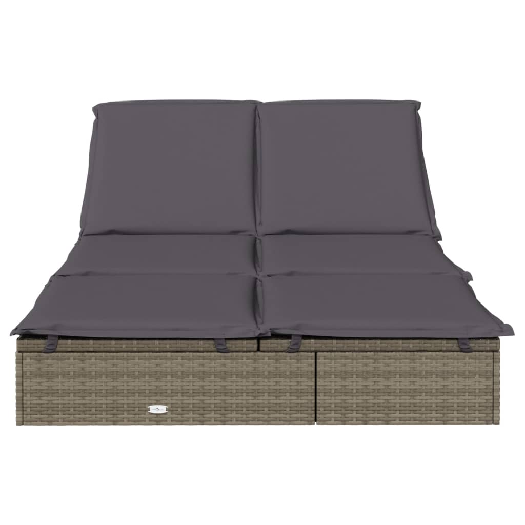 2-Person Sunbed with Cushions Gray Poly Rattan