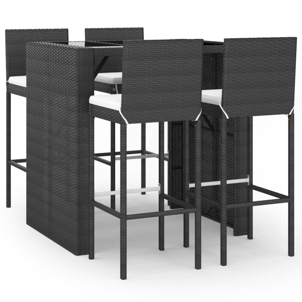 5 Piece Patio Bar Set with Cushions Black Poly Rattan