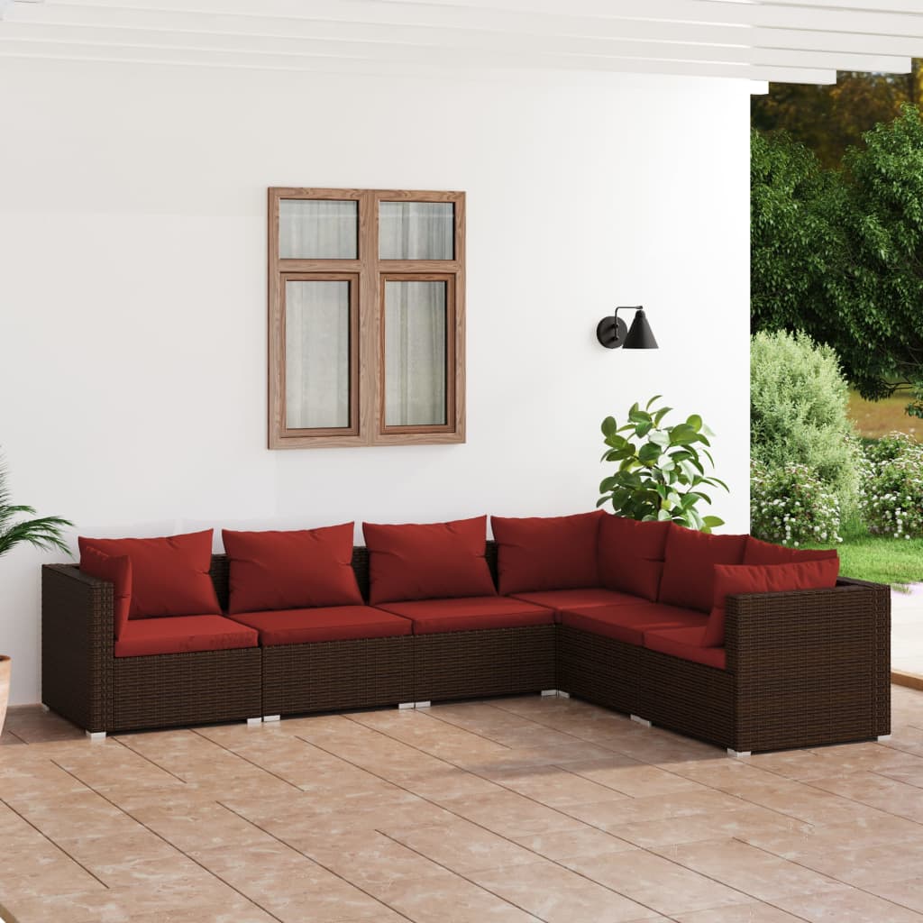 6 Piece Patio Lounge Set with Cushions Poly Rattan Brown