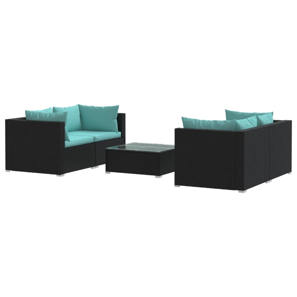 5 Piece Patio Lounge Set with Cushions Poly Rattan Black