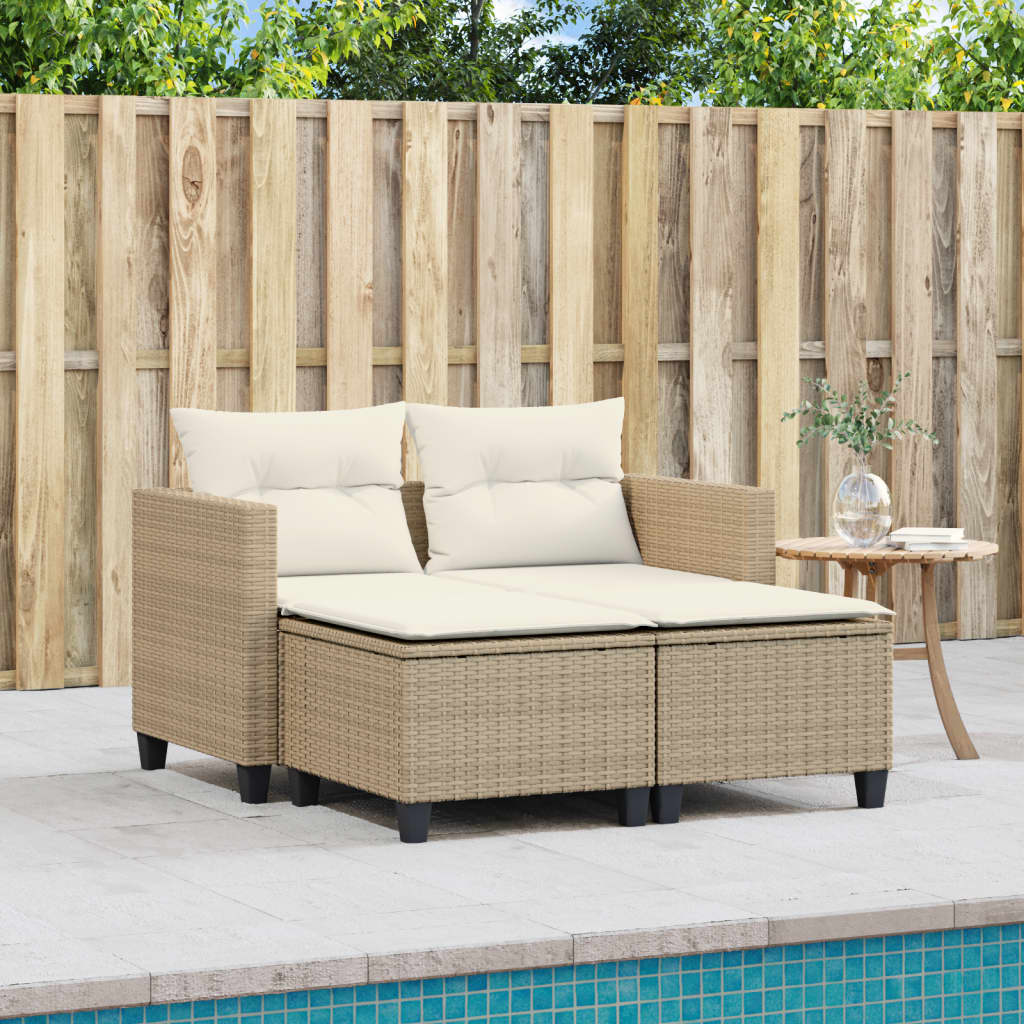 Patio Sofa 2-Seater with Stools Beige Poly Rattan