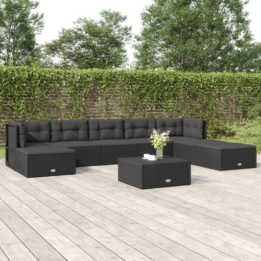 8 Piece Patio Lounge Set with Cushions Black Poly Rattan