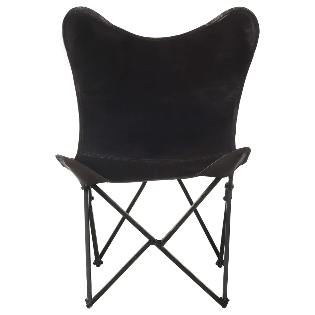 Foldable Butterfly Chair Black Real Leather