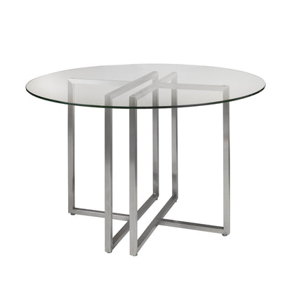 42" Clear And Silver Rounded Glass And Metal Trestle Base Dining Table