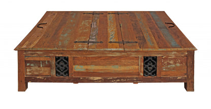 60" Green and Brown  Solid Wood Distressed Lift Top Coffee Table