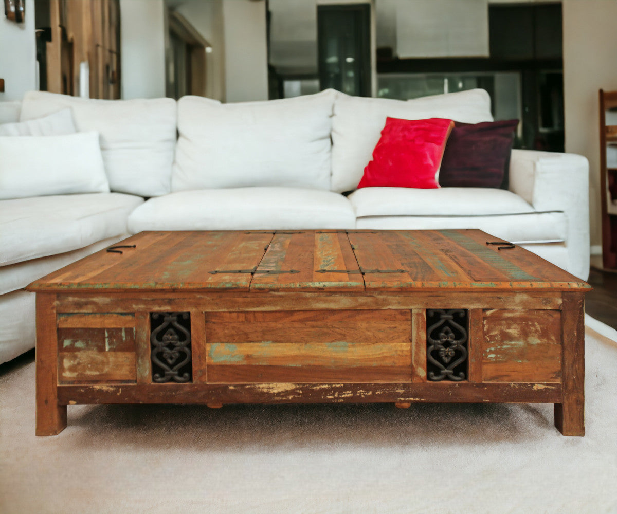 60" Green and Brown  Solid Wood Distressed Lift Top Coffee Table