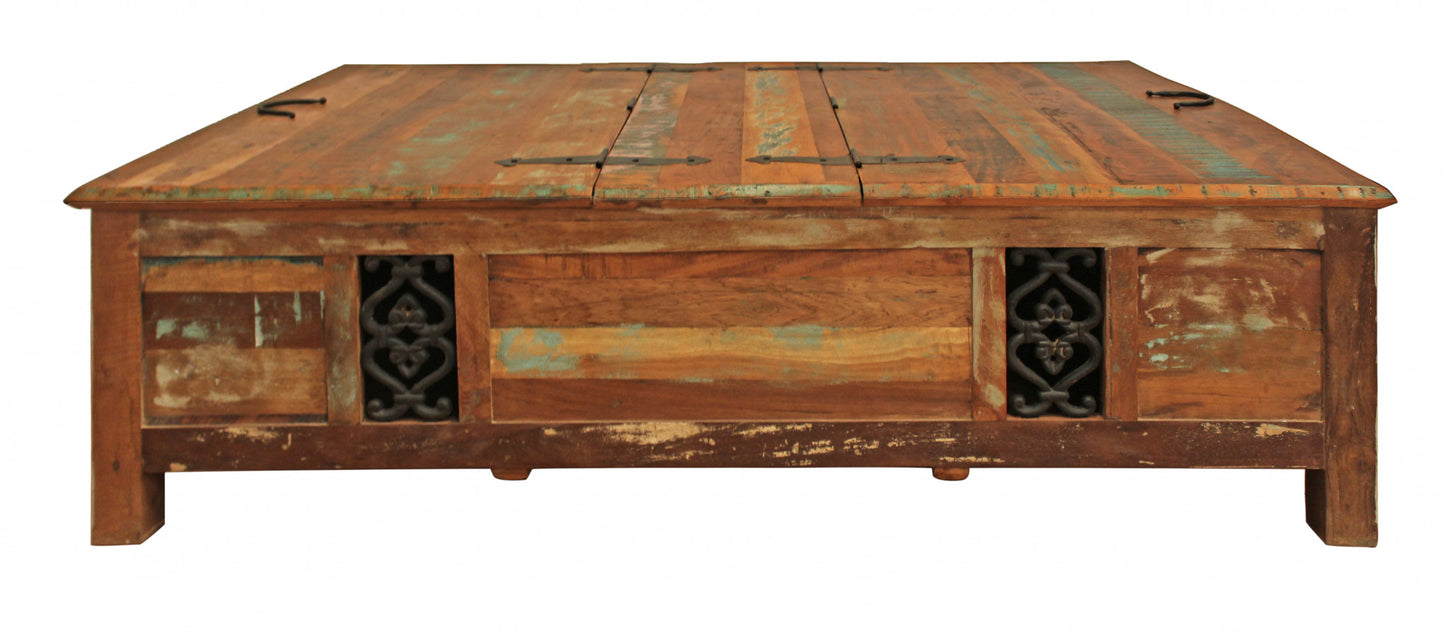 60" Green and Brown  Solid Wood Distressed Lift Top Coffee Table