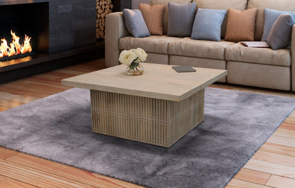 Rustic Graywash Carved Wood Storage Coffee Table