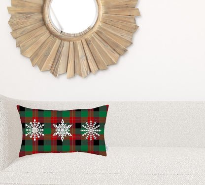 Christmas Snowflake Trio Plaid Lumbar Throw Pillow