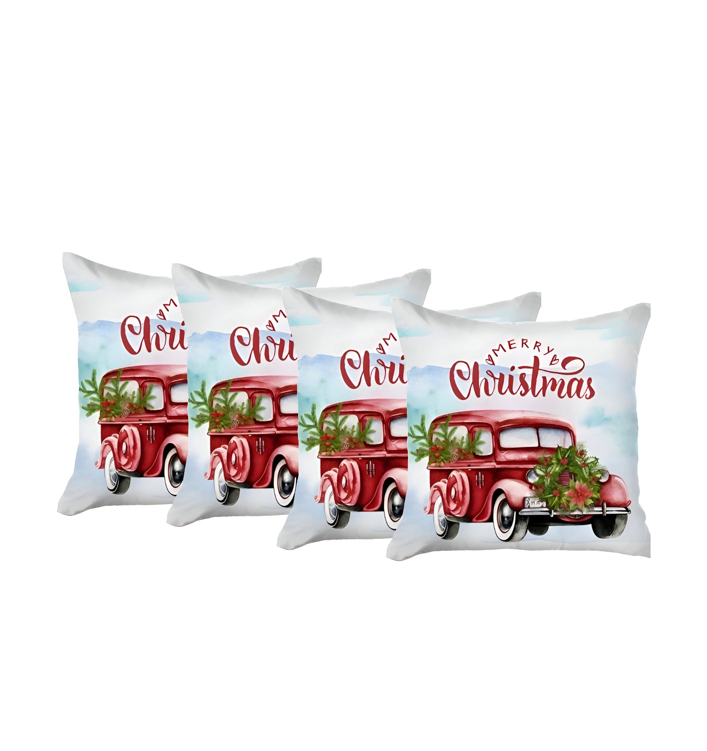 Set of 4 Merry Christmas Vintage Red Car Throw Pillows