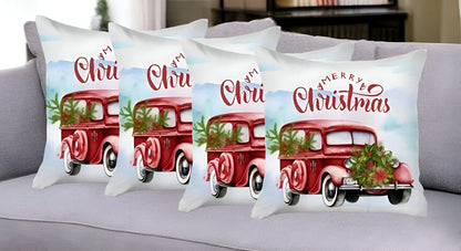 Set of 4 Merry Christmas Vintage Red Car Throw Pillows