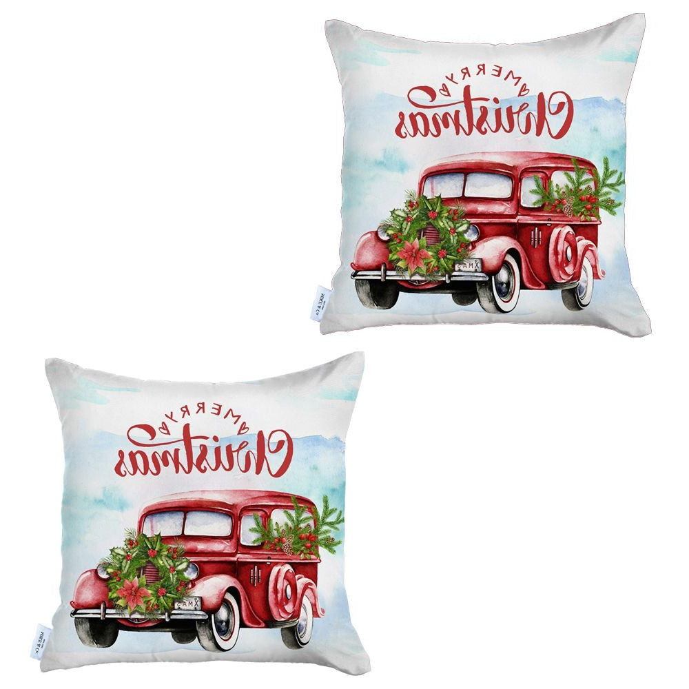 Set of 2 Merry Christmas Vintage Red Car Thow Pillow Covers