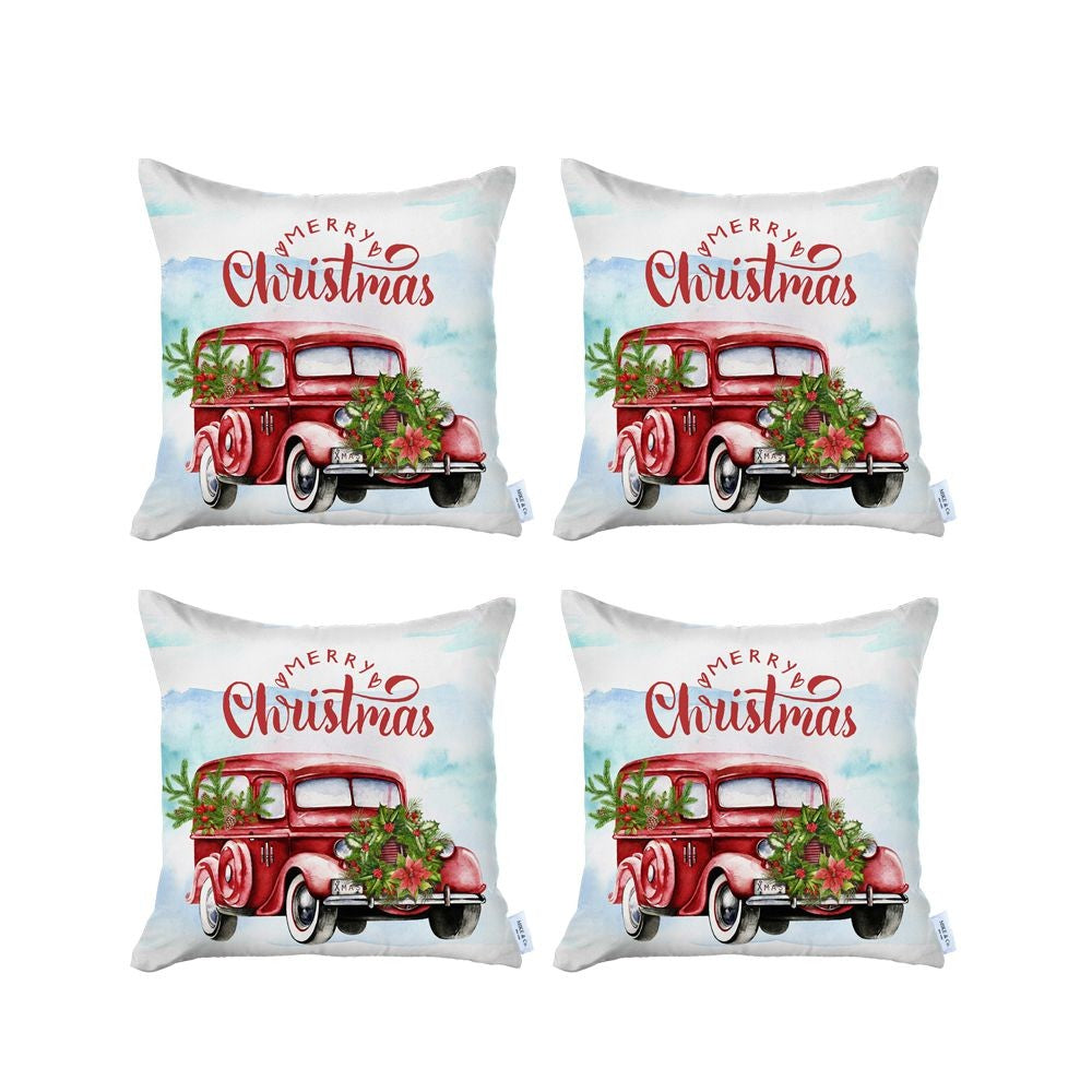 Set of 4 Merry Christmas Vintage Red Car Thow Pillow Covers