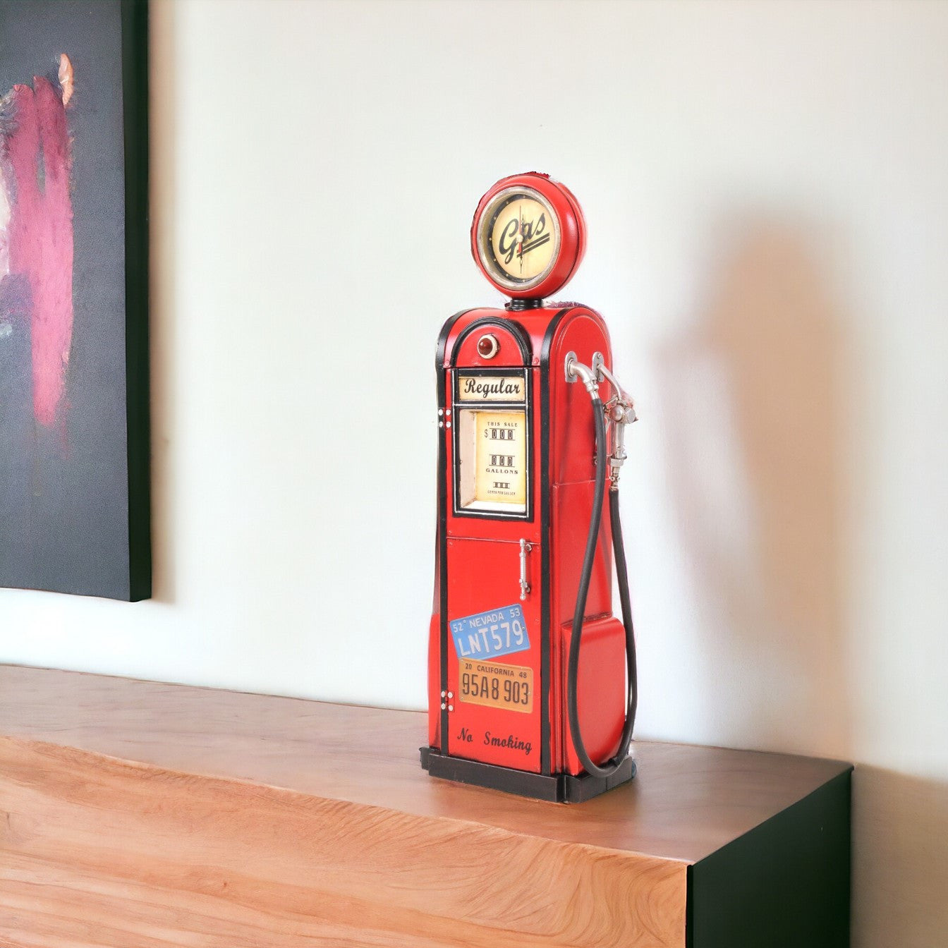 21" Red Metal Hand Painted Gas Pump Sculpture With Clock