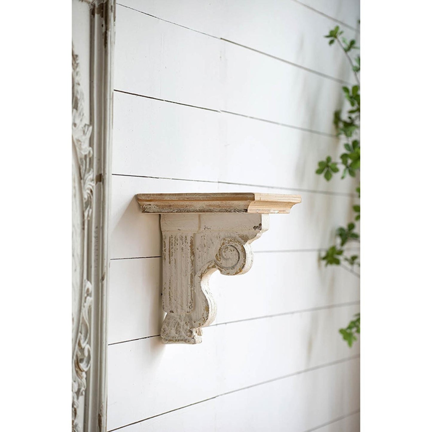 11" X 14" White and Natural Distressed Wood Corbel Style Wall Shelf