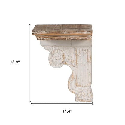 11" X 14" White and Natural Distressed Wood Corbel Style Wall Shelf