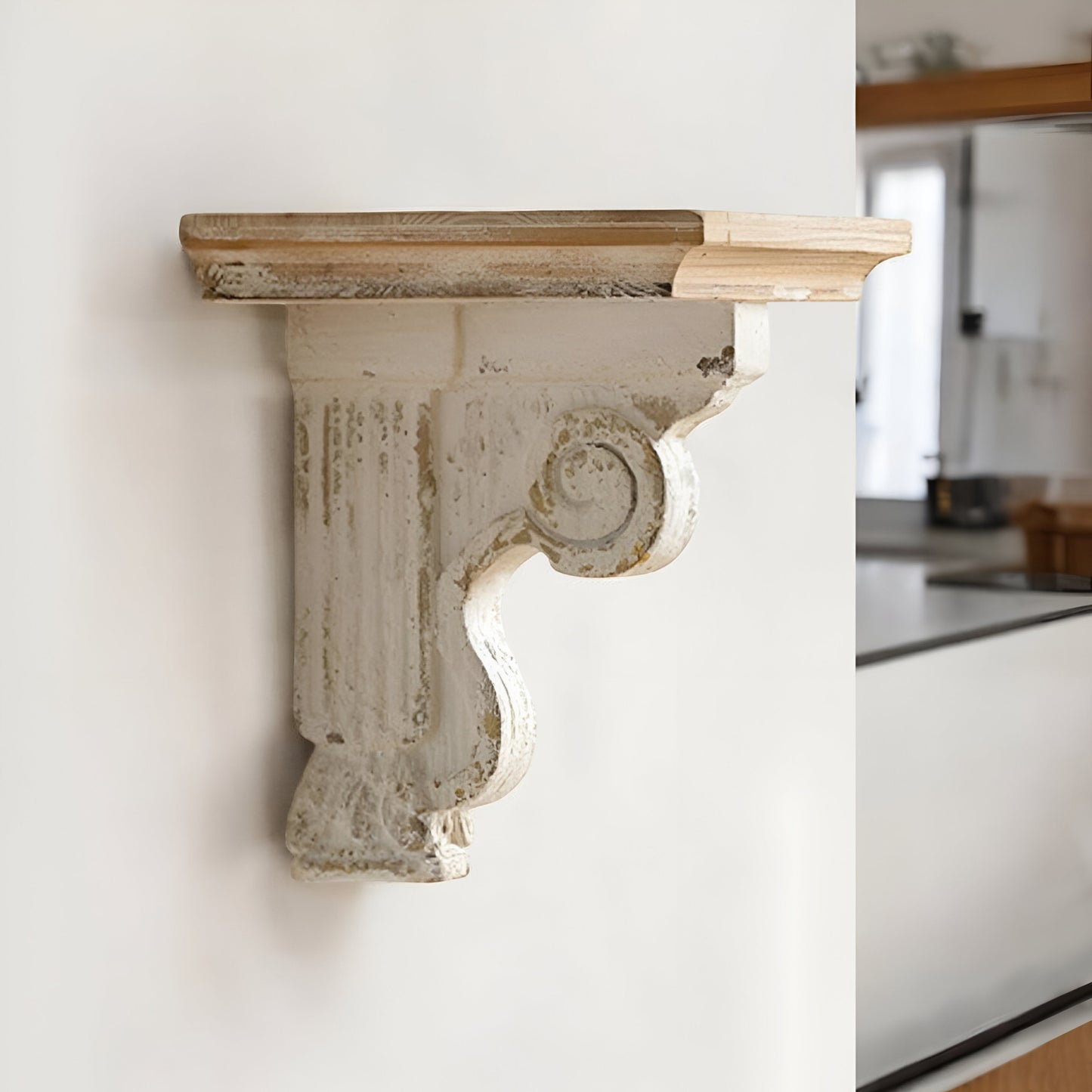 11" X 14" White and Natural Distressed Wood Corbel Style Wall Shelf