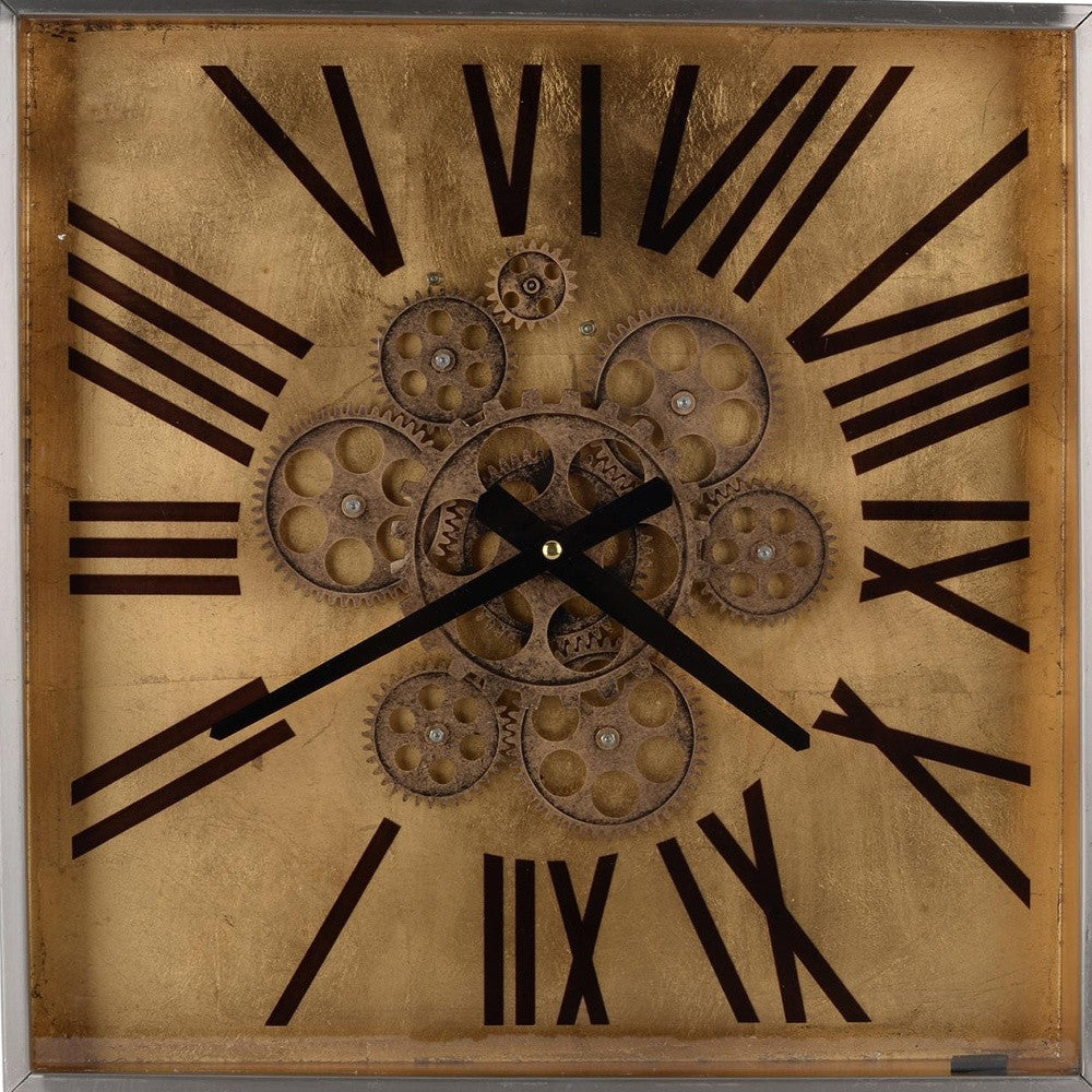 Golden Gears Roman Numeral Square Wall Clock