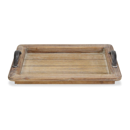 Wooden Paneled Tray with Metal Handles