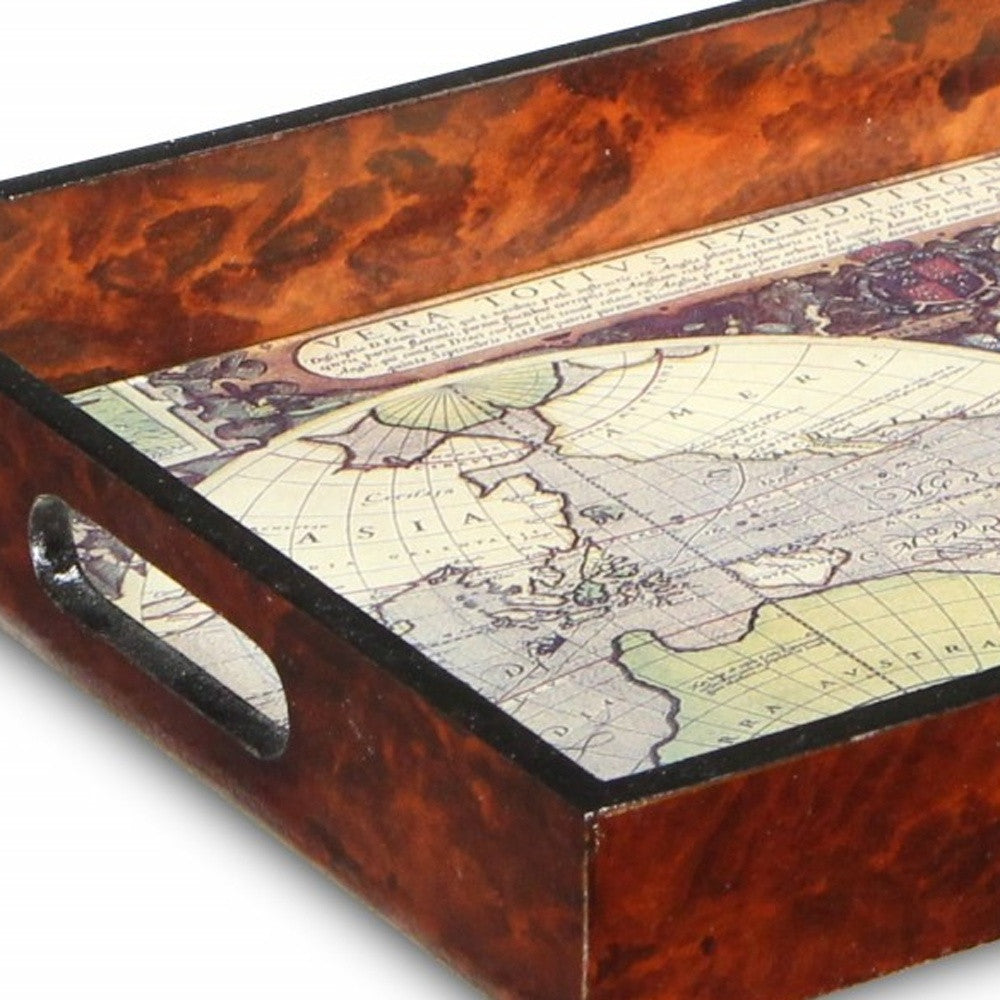 World Map Vintage Burlwood Serving Tray