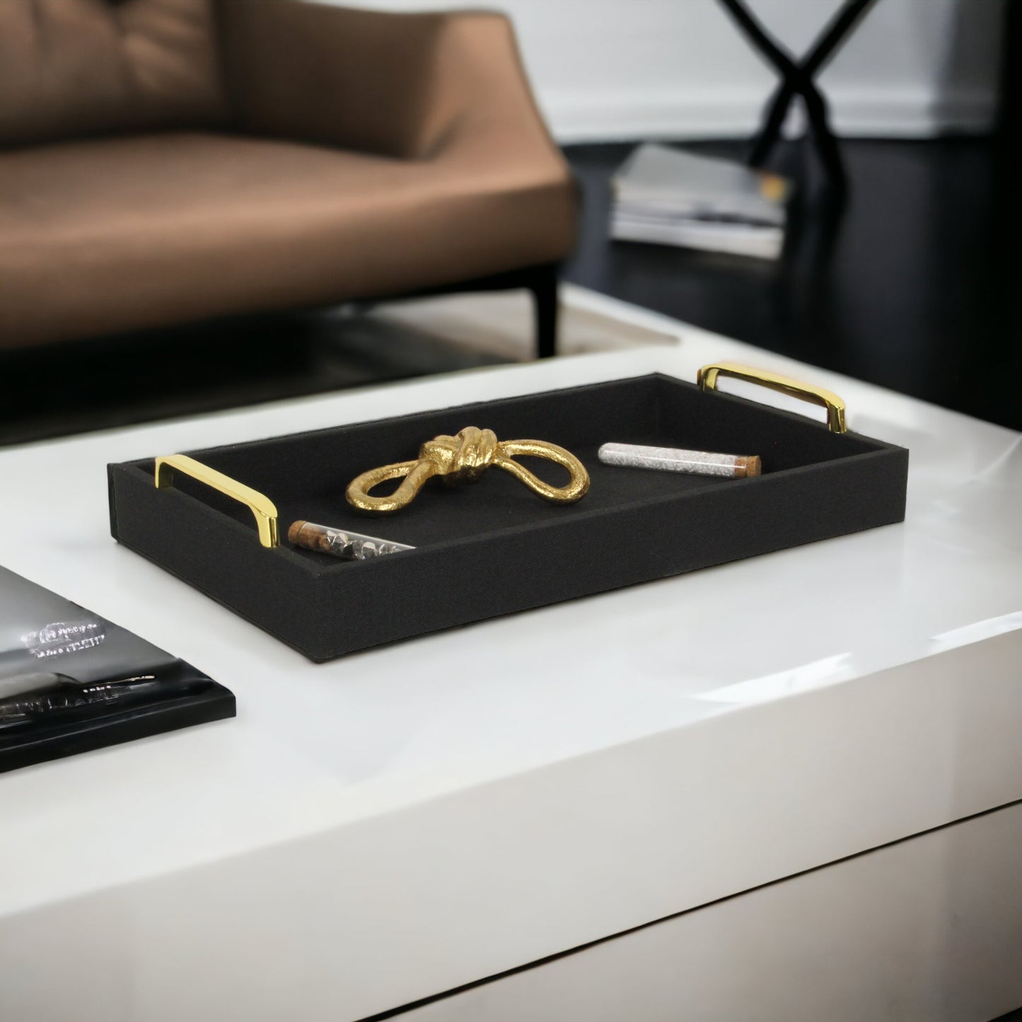 Black Linen and Wooden Tray