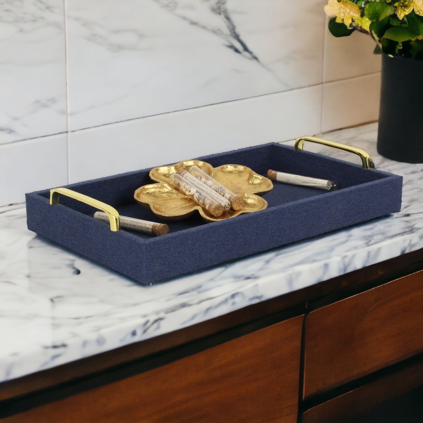 Navy Blue Linen and Wooden Tray