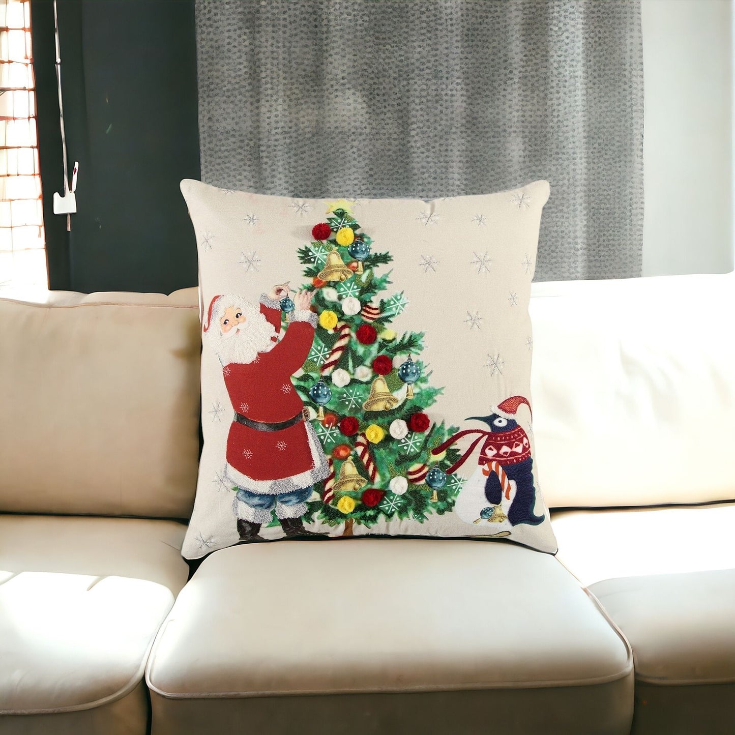 Ivory Vintage Santa and Penguin Christmas Throw Pillow