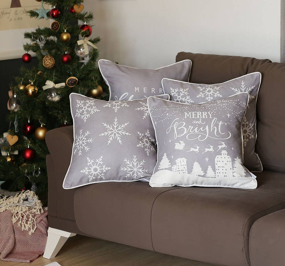 Set of Four Gray and White Christmas Snowflakes Throw Pillow