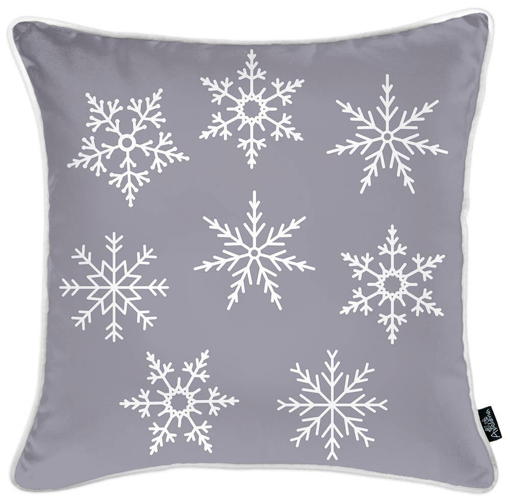 Set of Four Gray and White Christmas Snowflakes Throw Pillow