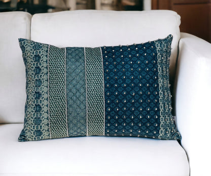 Blue and Aqua Beaded Embroidered Decorative Throw Pillow