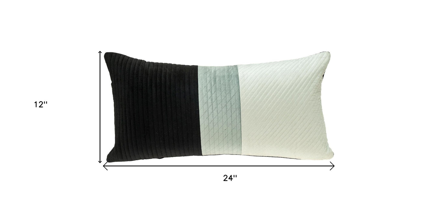 12" X 24" Black and White Striped Velvet Throw Pillow