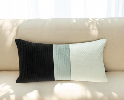 12" X 24" Black and White Striped Velvet Throw Pillow