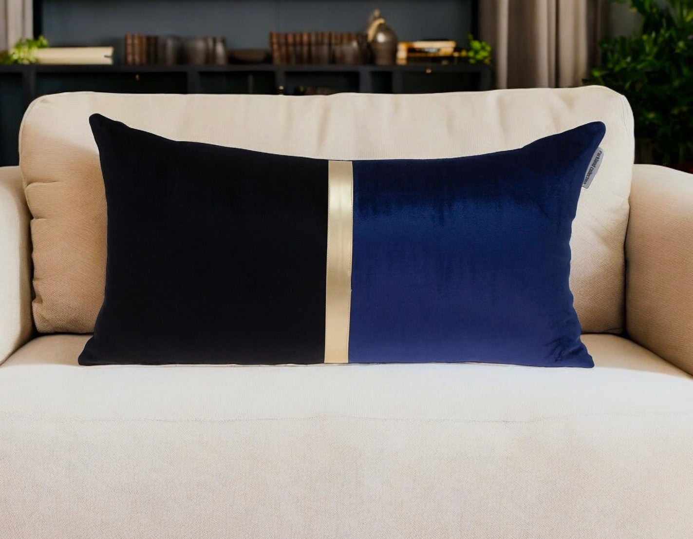 12" X 24" Black Blue and Gold Striped Velvet Throw Pillow