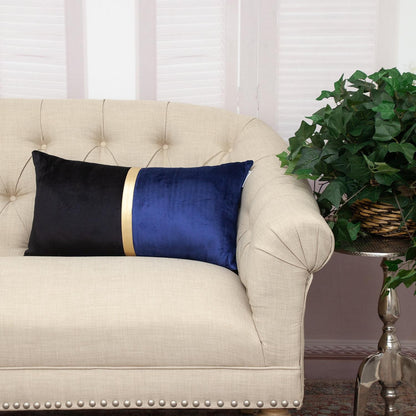 12" X 24" Black Blue and Gold Striped Velvet Throw Pillow